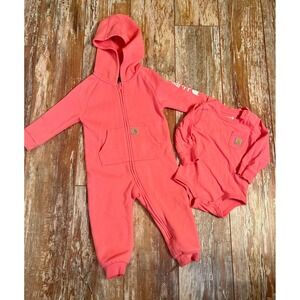 Carhartt Baby Girl Coral Pink Fleece Hooded Coverall and Bodysuit Set 9M 12M